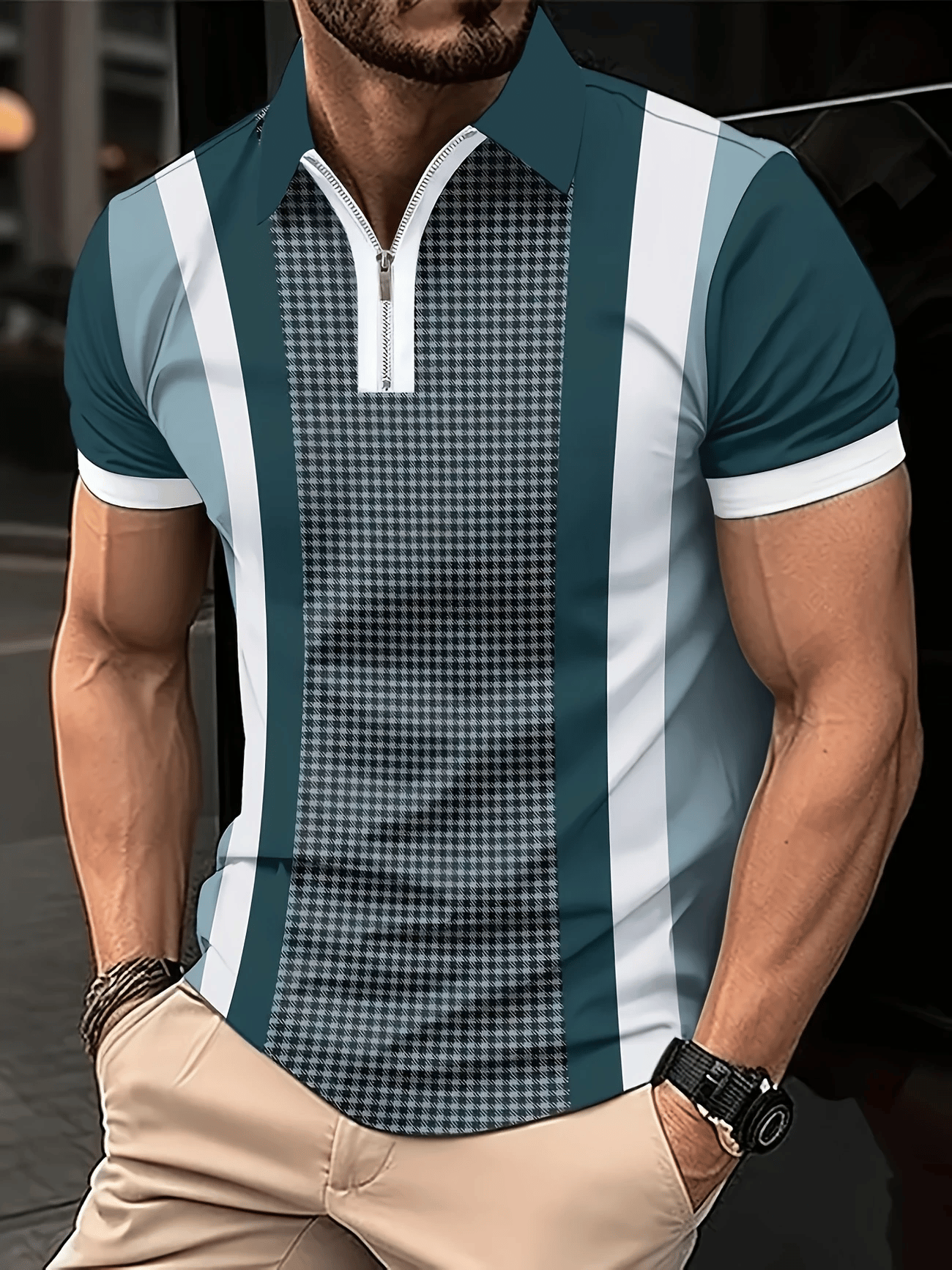 Men's Casual Business Zipper Short Sleeve Polo Shirt