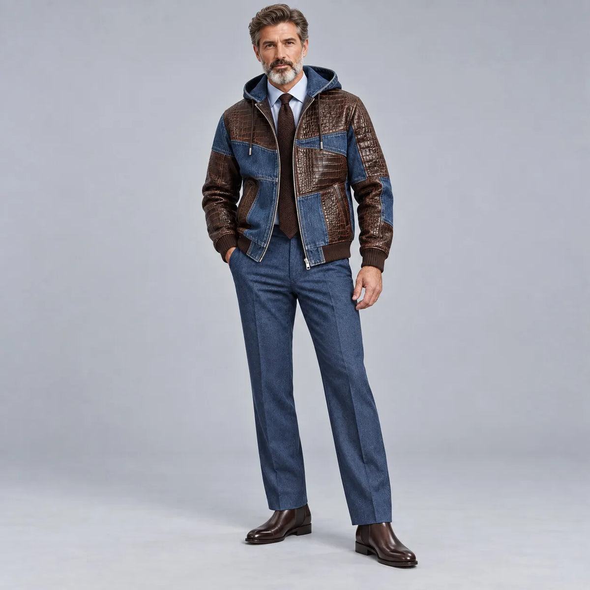 Men's Vintage Denim PU Leather Patchwork Hooded Zipper Bomber Jacket