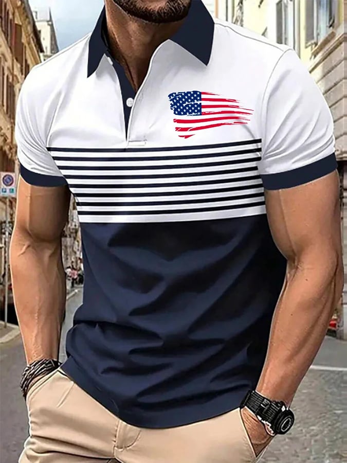 Men's Retro Flag Stripes Print Polo Shirt