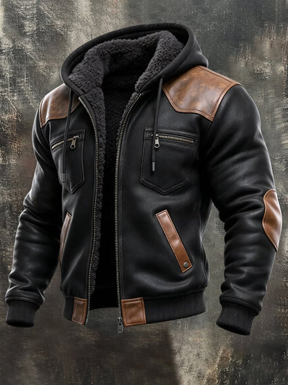 Men'S Retro Color-Block Hooded Jacket With Leather Paneling And Fleece Lining