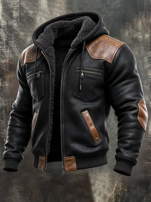 Men'S Retro Color-Block Hooded Jacket With Leather Paneling And Fleece Lining