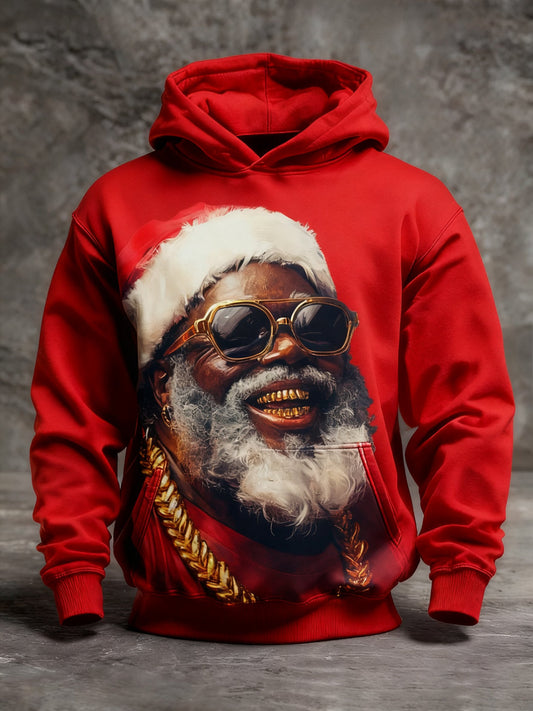 Men's Winter Black Santa Claus Print Hooded Top