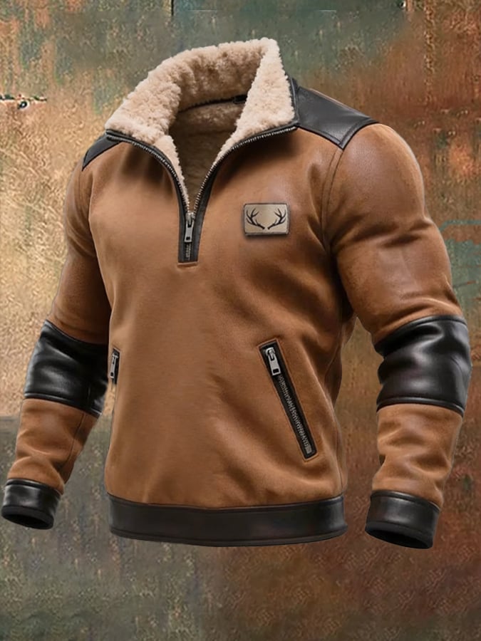 Men's Vintage Suede Leather Zipper Fur Collar Sweatshirt