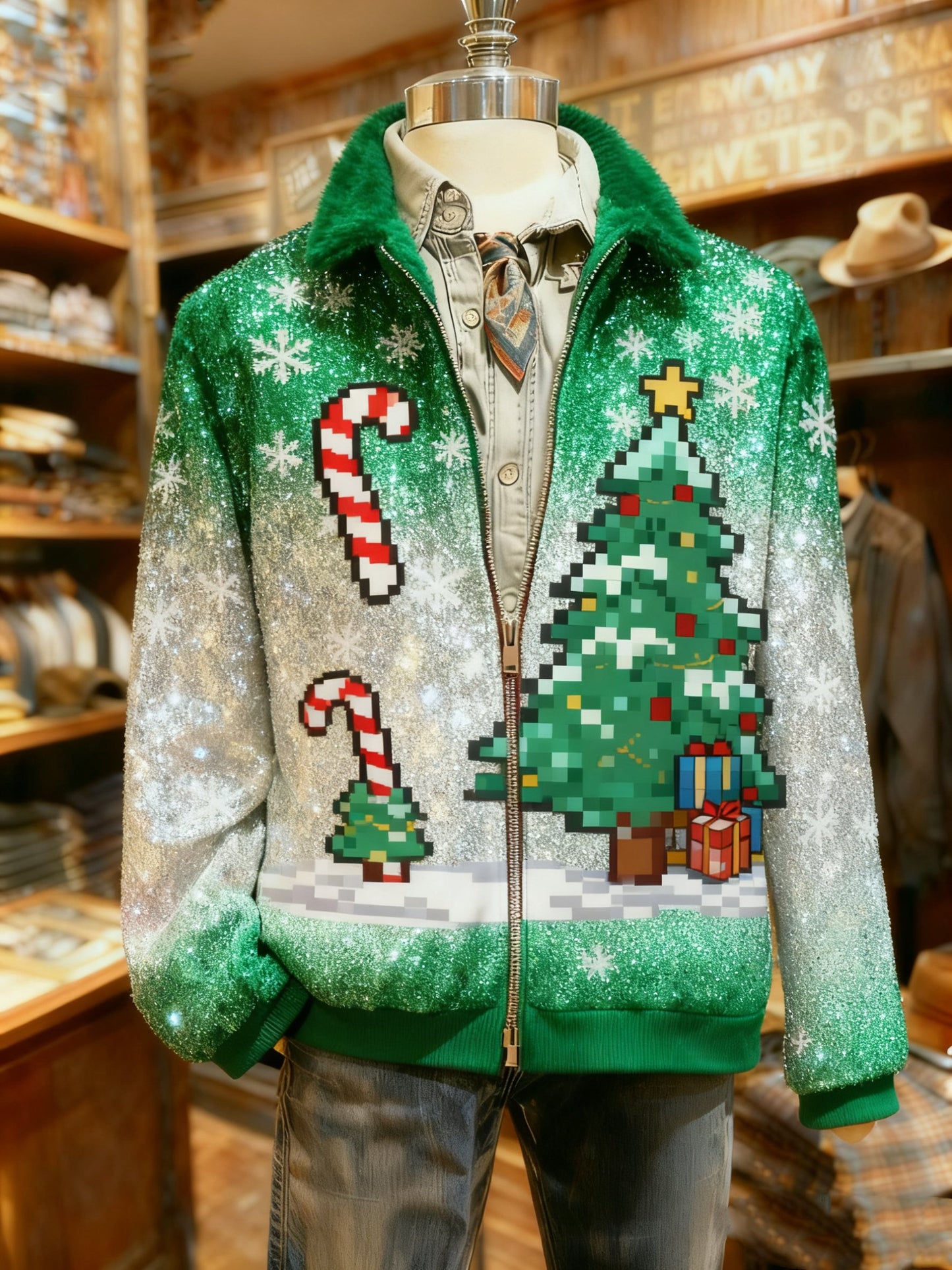 Men's Vintage Christmas Tree Casual Sherpa Fleece Candy Cane Jacket