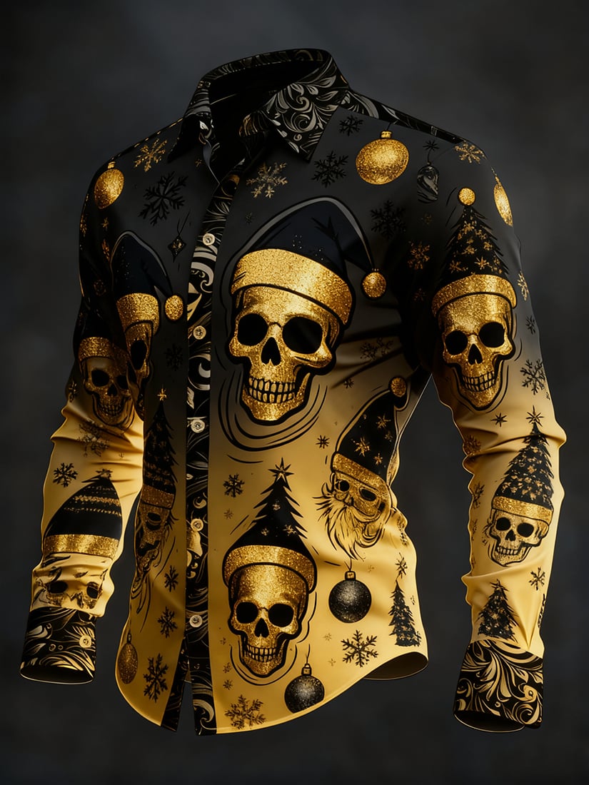 Men's Vintage Skull Christmas Party Long Sleeve Shirt