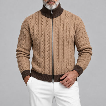 Men's Gray Contrast Trim Stand Collar Cable Knit Zip-Up Cardigan