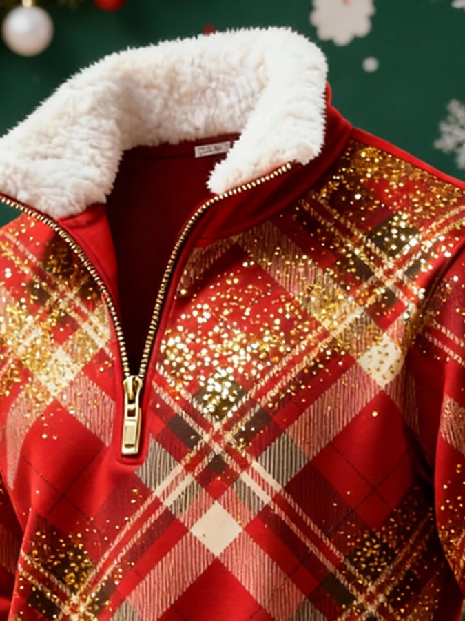 Men's Retro Color Block Print Christmas Fur Collar Sweatshirt
