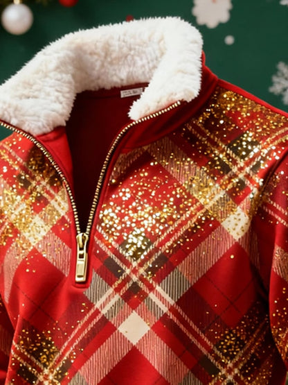 Men's Retro Color Block Print Christmas Fur Collar Sweatshirt
