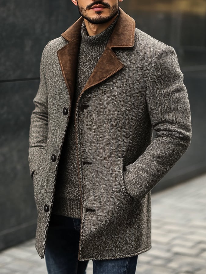 Men's Fashion Herringbone Pattern Suede Suit Windbreaker Jacket