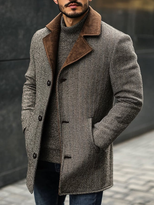 Men's Fashion Herringbone Pattern Suede Suit Windbreaker Jacket