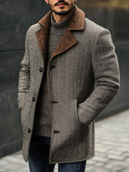 Men's Fashion Herringbone Pattern Suede Suit Windbreaker Jacket