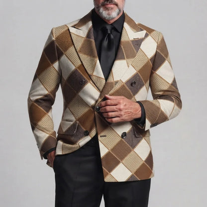 Men's Business Casual Colorblock Plaid Print Peak Lapel Double-Breasted Slim Fit Blazer