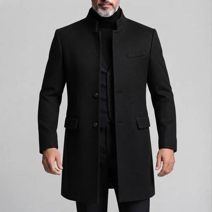 Men's Smart Casual Solid Stand Collar Single Breasted Long Sleeve Mid Length Woolen Coat