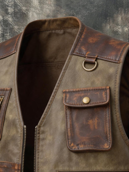Men's Vintage Leather Multi-Pocket Utility Vest