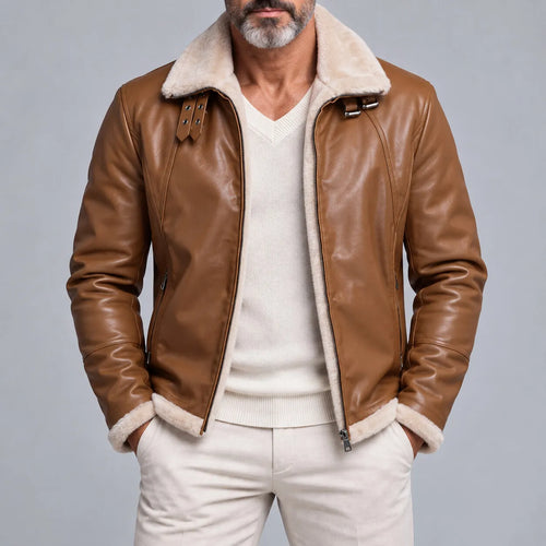 Men's Vintage Zipper Pocket Turndown Collar Fleece Lined PU Leather Jacket