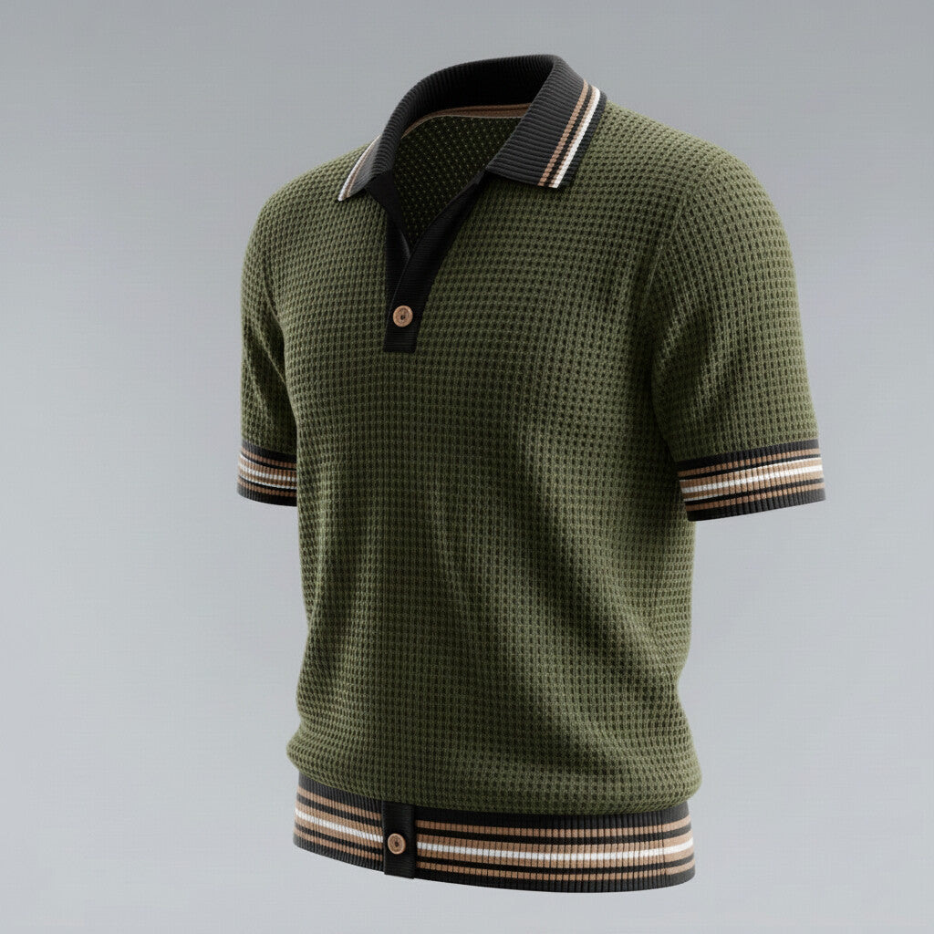 Men's Olive Green Waffle Texture Contrast Striped Trim Polo Shirt