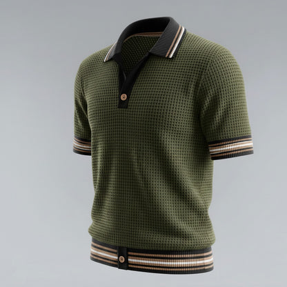 Men's Olive Green Waffle Texture Contrast Striped Trim Polo Shirt