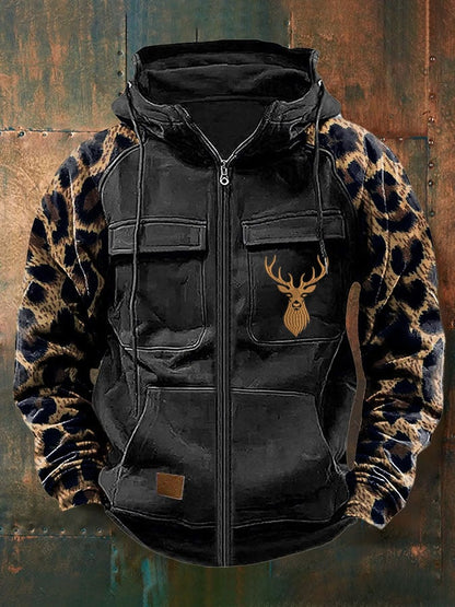 Men's Vintage Western Print Multi-Pocket Jacket