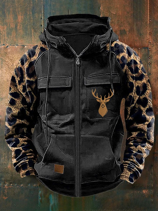 Men's Vintage Western Print Multi-Pocket Jacket