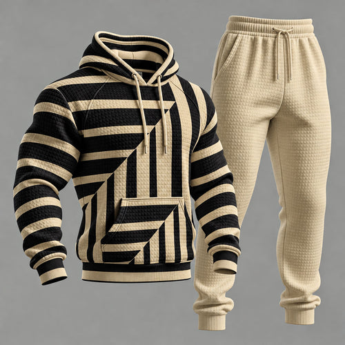Men's Striped Patchwork Print Hooded Sweatshirt and Sweatpants Set