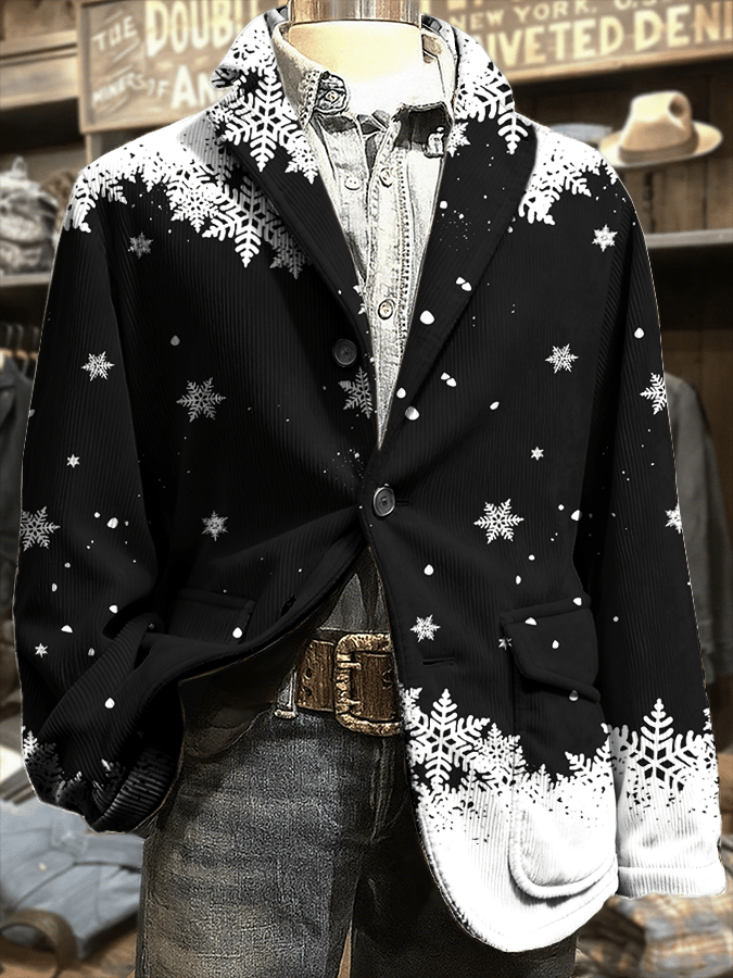Men's Retro Christmas Art Print Corduroy Casual Jacket