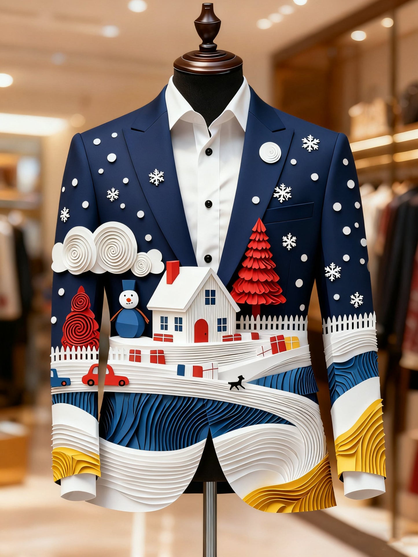 Men's Business Casual Notch Lapel Vintage Xmas Colorblock Print Blazers