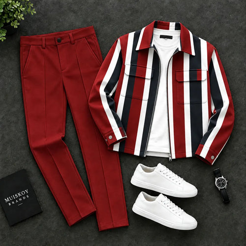 Men's Two-Piece Set: Color-Blocked Striped Jacket with Two Pockets and Pants