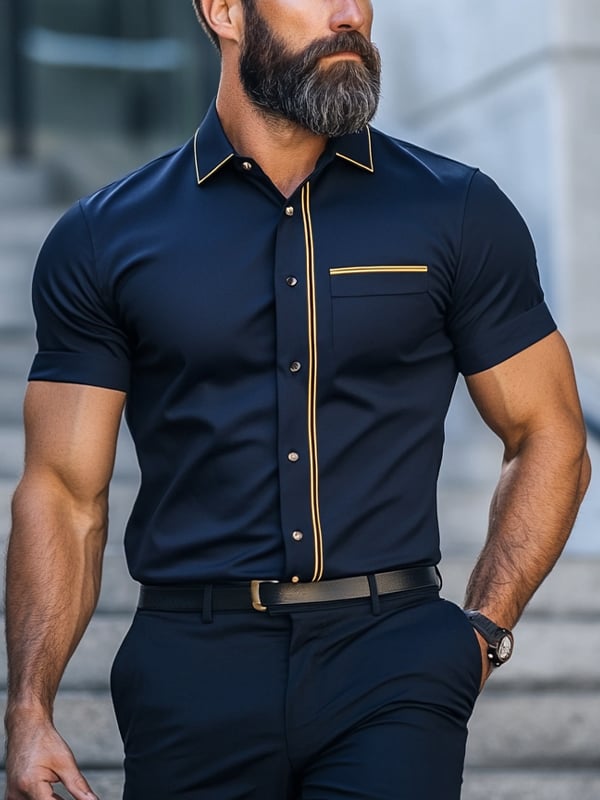 Men's Business Stripe Printed Pocket Short Sleeve Shirt