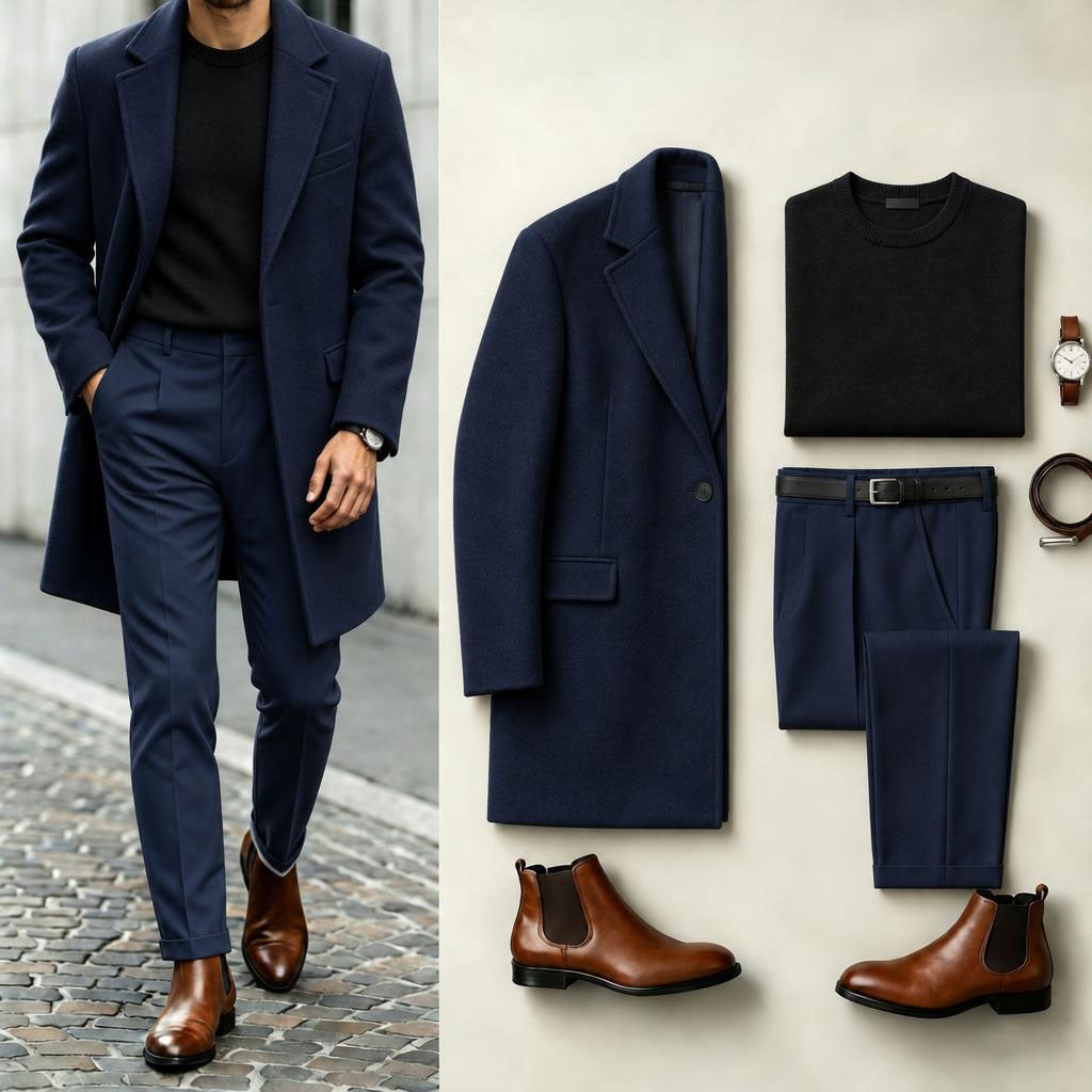 Men's Dark Blue Solid-Color Suit Set: Coat, Knit Sweater, and Dress Pants