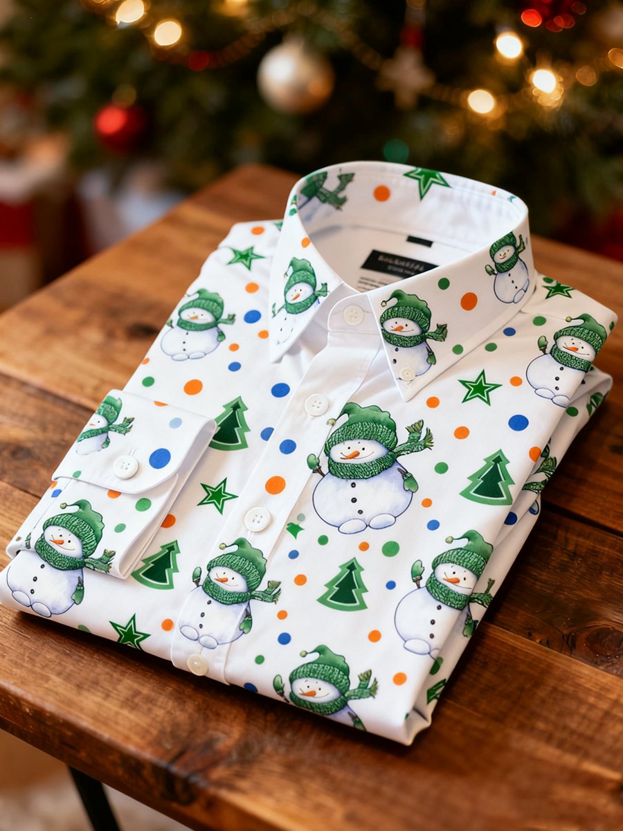 Men's Business Christmas Snowman Print Long-Sleeve Shirt