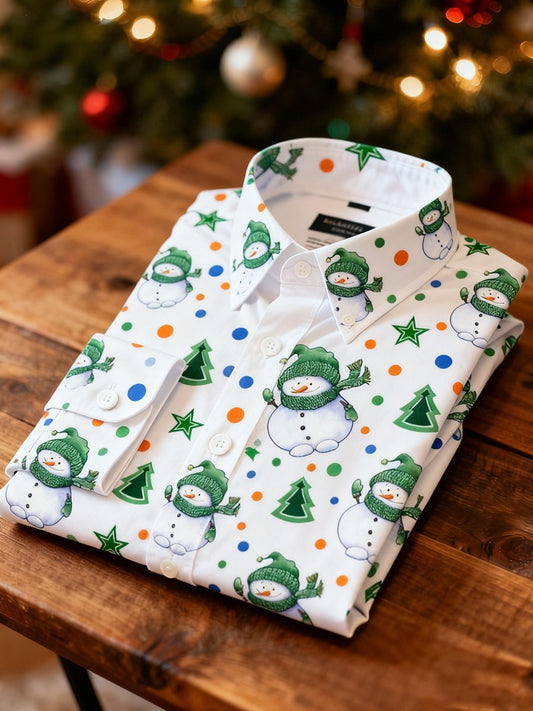 Men's Business Christmas Snowman Print Long-Sleeve Shirt