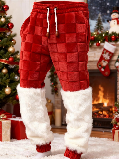 Men's Red Textured Fleece Warm Christmas Casual Pants