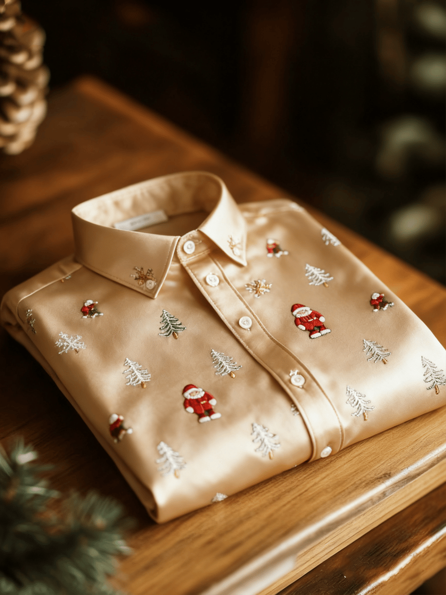 Men's Business Luxury Christmas Evergreen Pine and Santa Claus Print Long Sleeve Shirt