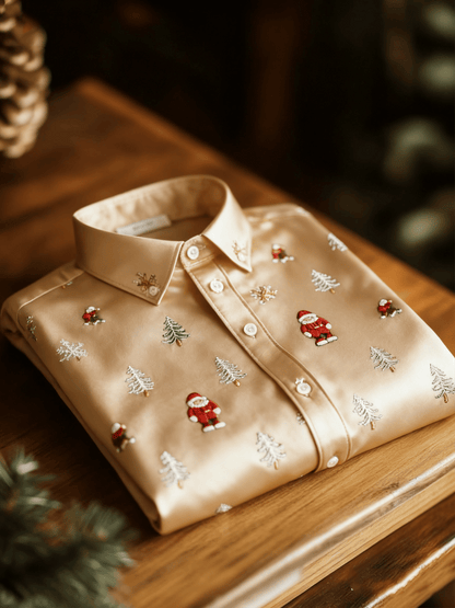Men's Business Luxury Christmas Evergreen Pine and Santa Claus Print Long Sleeve Shirt