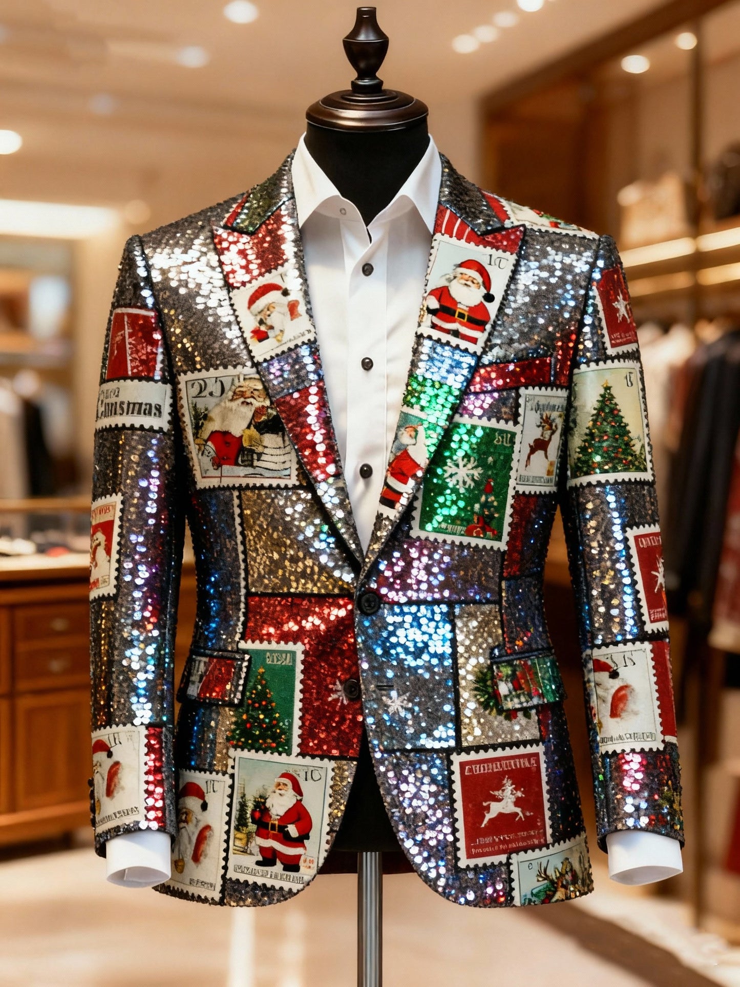 Men's Business Casual Large Pocket Vintage Santa Stamps Blazers