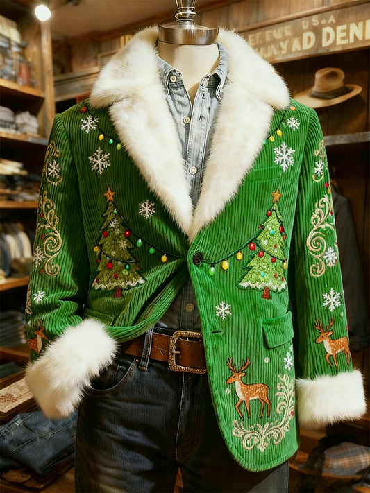 Men's Corduroy Christmas Tree Collar Plush Suit Jacket