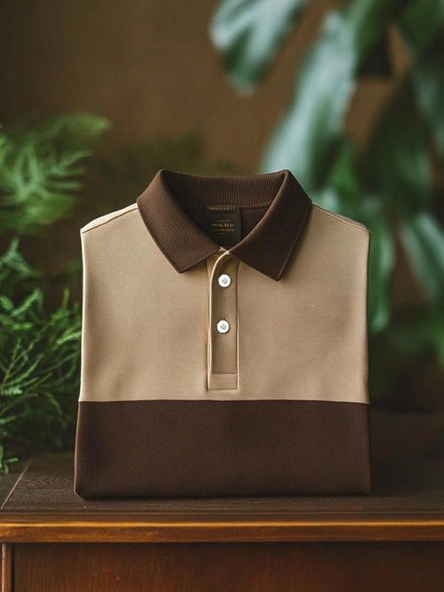 Men's Business Casual Khaki Brown Logo Button Short Sleeve Polo Shirt