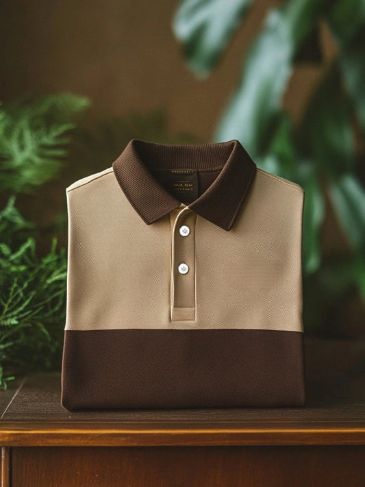 Men's Business Casual Khaki Brown Logo Button Short Sleeve Polo Shirt