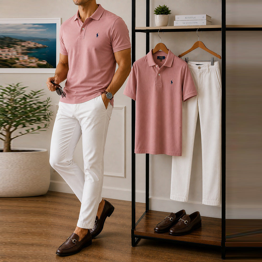 Men's Casual Pink Embroidered Logo Polo Shirt And White Pants Two-Piece Set