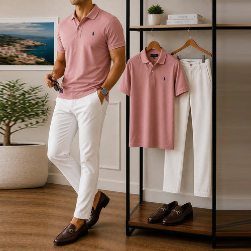 Men's Casual Pink Embroidered Logo Polo Shirt And White Pants Two-Piece Set