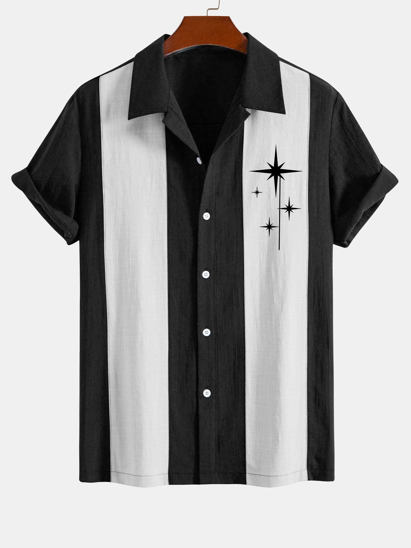 Mid Century Starbursts Print Linen Look Patchwork Bowling Shirt