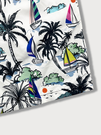 Palm Tree Sailboat Print Swim Shorts
