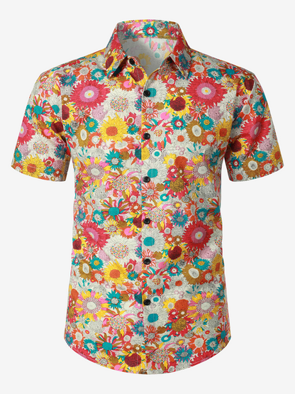 Men's Floral Cool Flower Summer Cotton Button Up Beach Short Sleeve Hawaiian Shirt