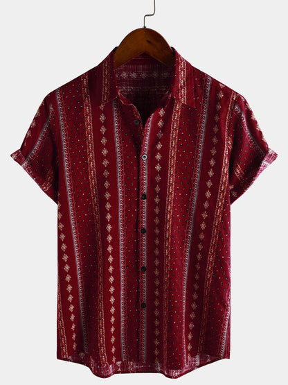 Men's Retro Red Striped Print Button Up 70s Vintage Short Sleeve Shirt