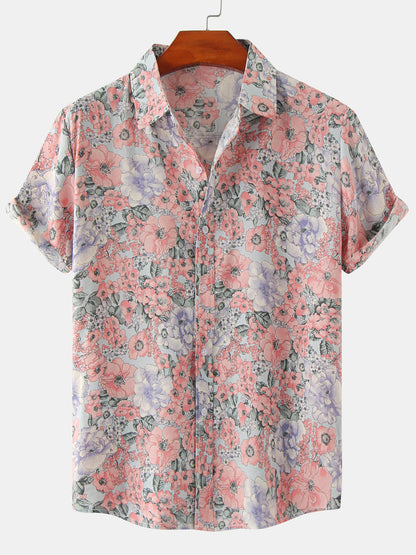 Men's Vintage Floral Print Summer Casual Pink Short Sleeve Shirt