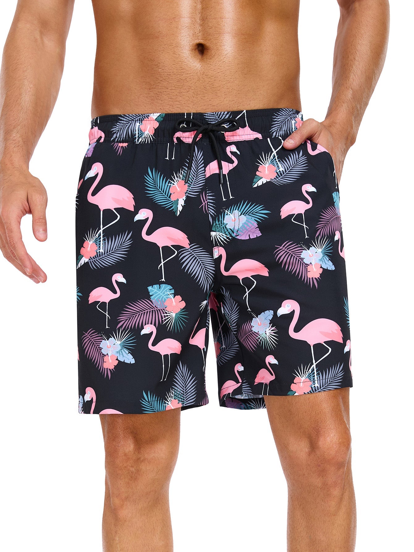 2 In 1 Tropical Flamingo Print Swim Shorts