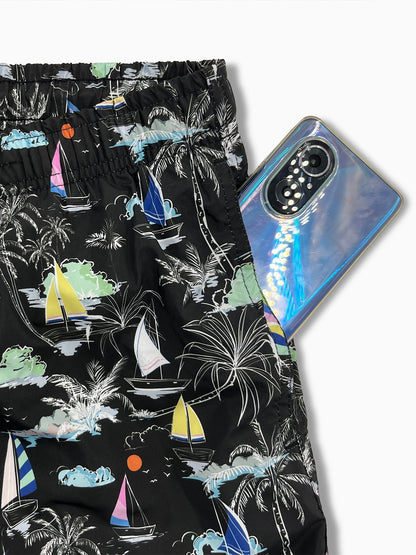 Palm Tree Sailboat Print Swim Shorts