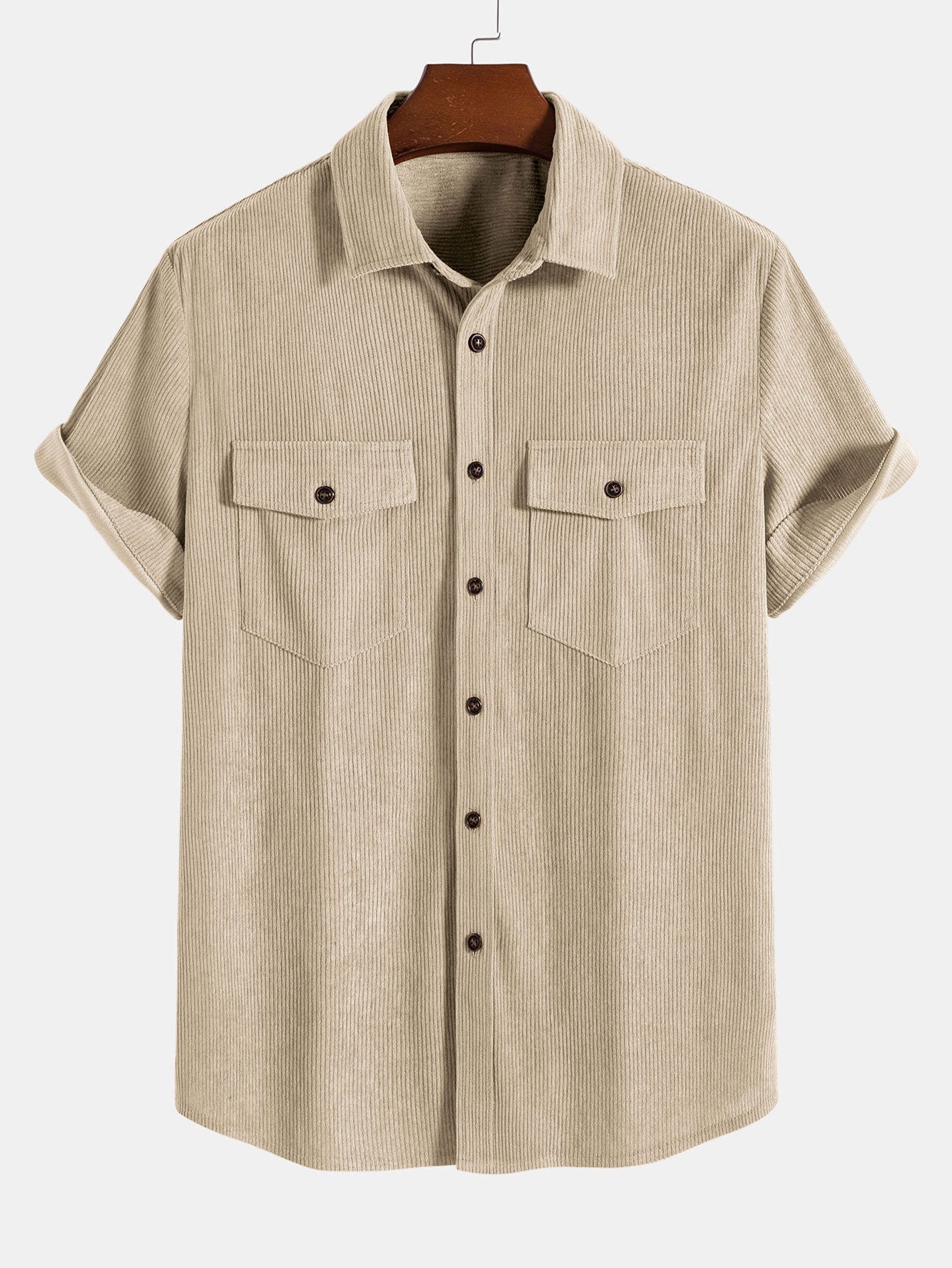 Short Sleeve Patch Pockets Corduroy Shirt