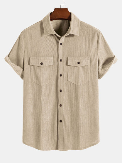 Short Sleeve Patch Pockets Corduroy Shirt