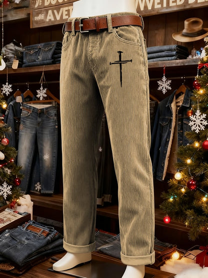 Men's Vintage Faith Cross Design Corduroy Casual Pants